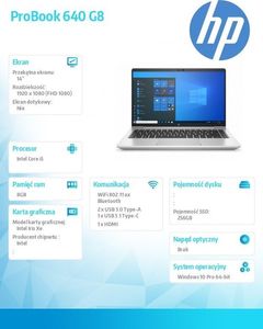 Laptop HP Laptop HP ProBook 640 G8 i5-1135G7 14inch FHD IR 8GB 256GB SSD UMA WiFi BT backlit kbd W10p64 warranty 3Y onsite / 16 GB RAM / 1 TB SSD PCIe / Windows 10 Pro 4