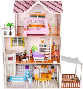 Ecotoys Drewniany domek dla lalek mebelki + oświetlenie Led 2