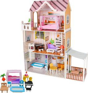 Ecotoys Drewniany domek dla lalek mebelki + oświetlenie Led 4