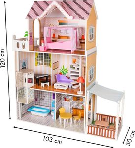 Ecotoys Drewniany domek dla lalek mebelki + oświetlenie Led 5