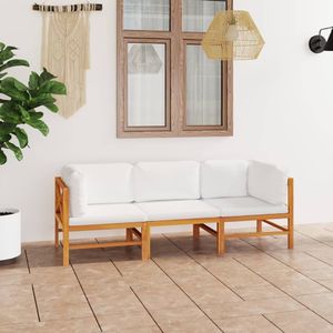vidaXL 3-os. sofa ogrodowa z kremowymi poduszkami, lite drewno tekowe 1