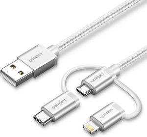 Kabel USB Ugreen USB-A - USB-C + microUSB + Lightning 1 m Srebrny (UGR1155SLV) 1