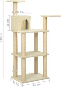 vidaXL Drapak dla kota ze słupkami sizalowymi, kremowy, 119 cm 8