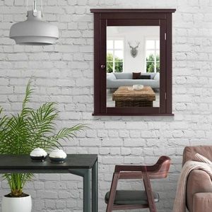 Costway Szafka łazienkowa wisząca z lustrem, brązowa 2