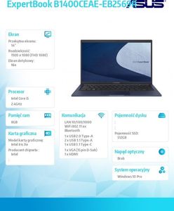 Laptop Asus Asus Notebook ExpertBook B1400CEAE-EB2569R i5 1135G7 8/512/IRIS/14 2
