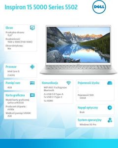 Laptop Dell Dell Notebook Inspiron 5502 Win10Pro i5-1135G7/512/8/MX330/srebrny 6