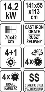 Yato YG-20014 Grill ogrodowy gazowy 14.5 kW 70 cm x 42 cm 10