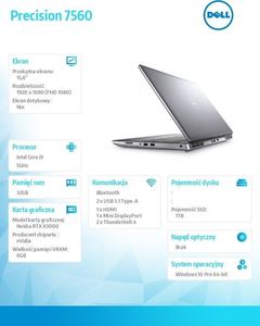 Laptop Dell Precision 7560 Win10Pro i9-11950H/1TB/16GB/15.6" FHD/Nvidia RTX A3000/SCR/FPR/TB/vPro/KB-Backlit/95WHR/3Y PS 3