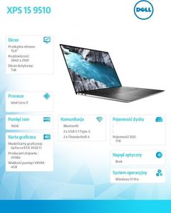 Laptop Dell !XPS 15 9510 WIN11PRO i7-11800H/16/1TB/2Y/UHD+ 2