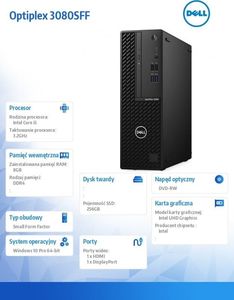 Komputer Dell Optiplex 3080 SFF, Core i5-10505, 8 GB, Intel UHD Graphics 630, 256 GB M.2 PCIe Windows 10 Pro 3