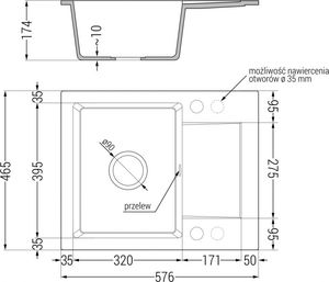Zlewozmywak Mexen Enzo  granitowy 1-komorowy z krótkim ociekaczem 576 x 465 mm, biały - 6506571005-20 2