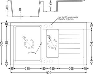 Zlewozmywak Mexen Mexen Matias  granitowy 1,5-komorowy z krótkim ociekaczem 900 x 505 mm, szary - 6502901505-71 2