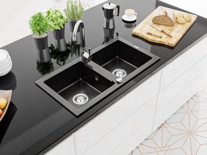 Zlewozmywak Mexen Mario  granitowy 2-komorowy z baterią kuchenną Telma, czarny/srebrny - 6504-73-670200-00 2