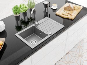 Zlewozmywak Mexen Pablo  granitowy 1-komorowy z ociekaczem i baterią kuchenną Telma, szary - 6510-71-670200-00 2