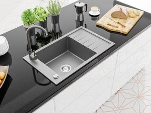Zlewozmywak Mexen Elias  granitowy 1-komorowy z ociekaczem i baterią kuchenną Telma, szary - 6511-71-670200-71 2