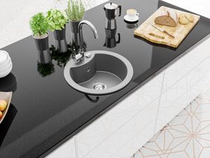 Zlewozmywak Mexen Diego  granitowy 1-komorowy z baterią kuchenną Telma, szary - 6512-71-670200-00 2