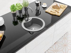 Zlewozmywak Mexen Diego  granitowy 1-komorowy z baterią kuchenną Telma, szary - 6512-71-670200-71 2