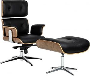 Krzesło biurowe King Home Lounge Business czarny z podnóżkiem, sklejka orzech, skóra naturalna, stal polerowana 1