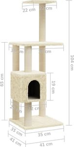 vidaXL Drapak dla kota ze słupkami sizalowymi, kremowy, 104 cm 8