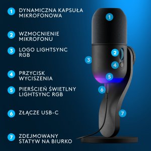 Mikrofon Logitech G Yeti GX czarny (988-000569) + Lampa Litra Glow 7