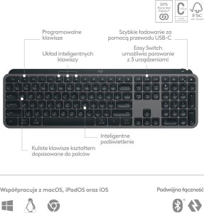 Klawiatura Logitech MX Keys S Plus Bezprzewodowa Graphite US (920-011589) + Brio 100 (960-001585) 29