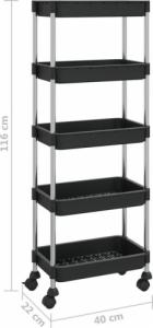 vidaXL 5-poziomowy wózek kuchenny, czarny, 40x22x116 cm, żelazo i ABS 7