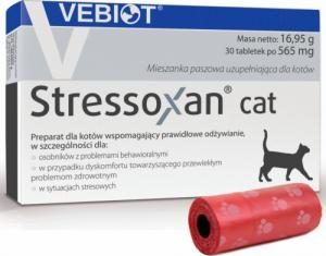 Vebiot Witaminy, suplementy dla kotów Vebiot Stressoxan cat 30 tabletek + woreczki na odchody 1