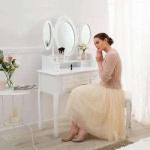 Tectake Toaletka z 7 szufladami, lustrem i taboretem w antycznym stylu - biały 2