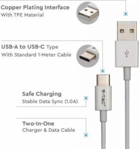 Kabel USB V-TAC USB-A - USB-C 1 m Biały (1_778202) 3
