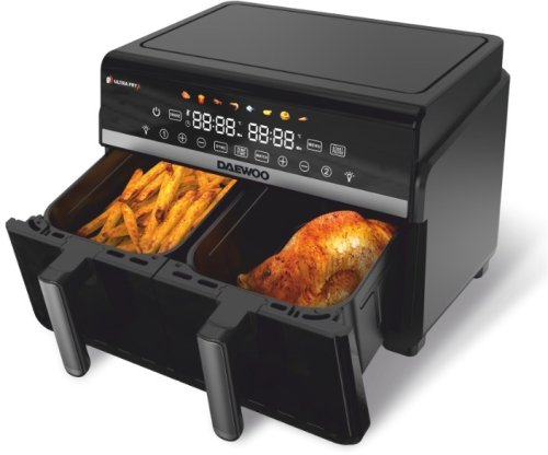 Frytkownica beztłuszczowa Daewoo DAF 2X110 podwójny frytkownica na gorące powietrze 1100 W + 1100 W wyświetlacz LED 5 L + 5 L pojemność DAF 2X1100 LRB (6426980750447)