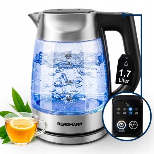 Czajnik BERGMANN elektryczny szklany 1,7L 2200W z regulacją temperatury 50-100C pokrywa z wgłębieniem