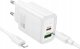 HOCO ładowarka sieciowa USB A + Typ C + kabel Typ C do Lightning PD QC3.0 3A 20W N61 biała 1