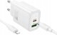 HOCO ładowarka sieciowa USB A + Typ C + kabel Typ C do Lightning PD QC3.0 3A 30W N63 biała 1