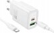 HOCO ładowarka sieciowa USB A + Typ C + kabel Typ C do Typ C PD QC3.0 3A 20W N61 biała 1