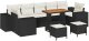 vidaXL Zestaw 10-częściowy z sofą ogrodową i poduszkami Czarny Polirattan Akacja, Zestaw 3-częściowy do obiadu ogrodowego z poduszkami Czarny Polirattan Akacja 2