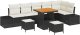9-częściowy zestaw sof ogrodowych z poduszkami Czarny Polirattan Akacja, 2-osobowa sofa ogrodowa z przechowalnią i poduszkami Czarny Polirattan, 3-częściowy zestaw jadalniany ogrodowy z poduszkami Czarny Polirattan Akacja 2