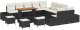 14-częściowy zestaw sof ogrodowych z poduszkami czarny polirattan akacja, 2-osobowa sofa ogrodowa z miejscem do przechowywania i poduszkami czarny polirattan, 4-częściowy zestaw do jedzenia w ogrodzie z poduszkami czarny polirattan akacja 2