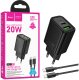HOCO GaN charger lādētājs N61 USB A QC3.0 3A+Type C PD 20W (+type C to type C cable) black N61 black+c (6942007644273) 1
