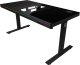 Dual-motor sit/stand adjustable-height gaming desk with built-in PC case, wireless charger, RGB lighting, control panel, and USB ports, tempered glass tabletop, black. 1