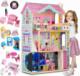Ricokids Drewniany domek dla lalek duży 3-piętrowy z windą i lampką LED 18